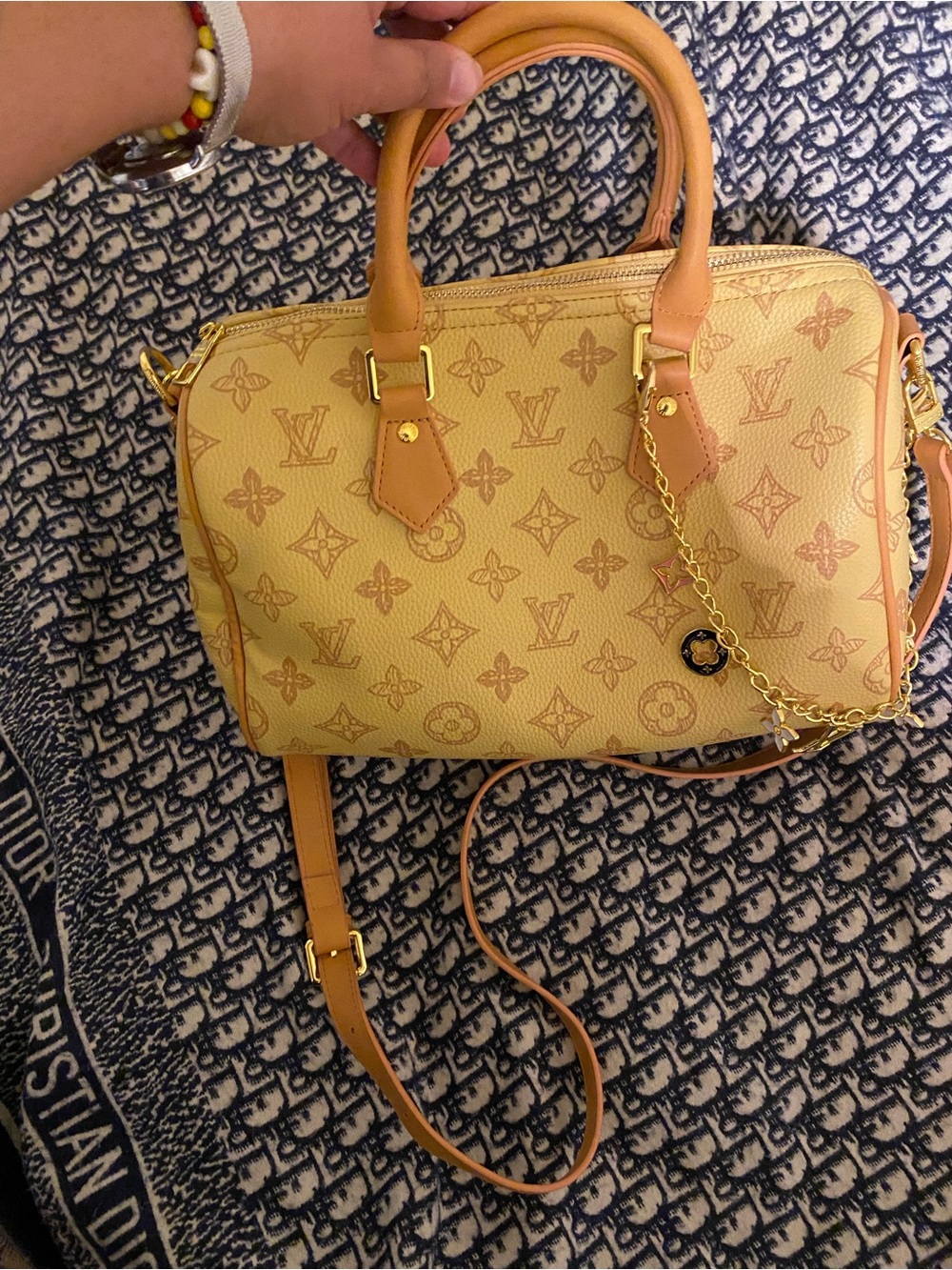 Monogram Satchel Handbag in Soft Yellow with Tan Trim
